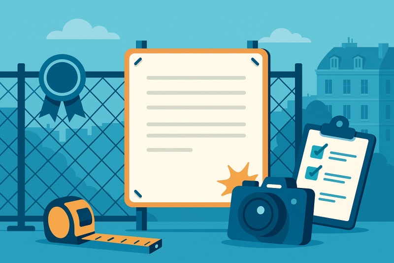 Preuve de l'affichage d'un panneau de permis de construire ou démolir par commissaire de justice ex huissier