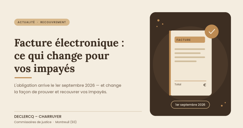 Facture électronique obligatoire en 2026 et recouvrement des impayés par un commissaire de justice à Montreuil.
